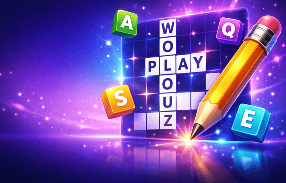 Crossword puzzle illustration with letter tiles and pencil